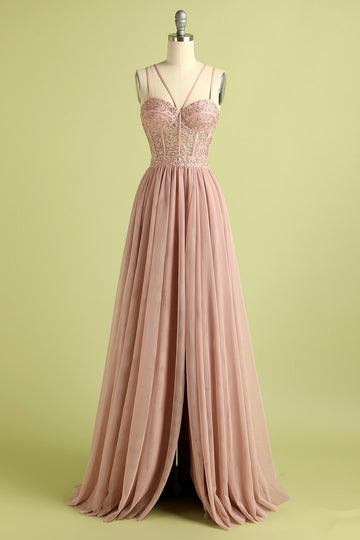 Pink Split Front Spaghetti Straps Ball Dress
